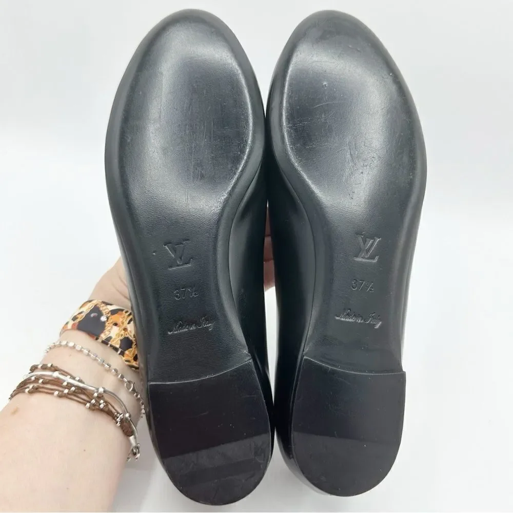 LOUIS VUITTON BLACK All Leather Ballet Flats w/Logo Cube Accents Sz 7US 37.5 EUR